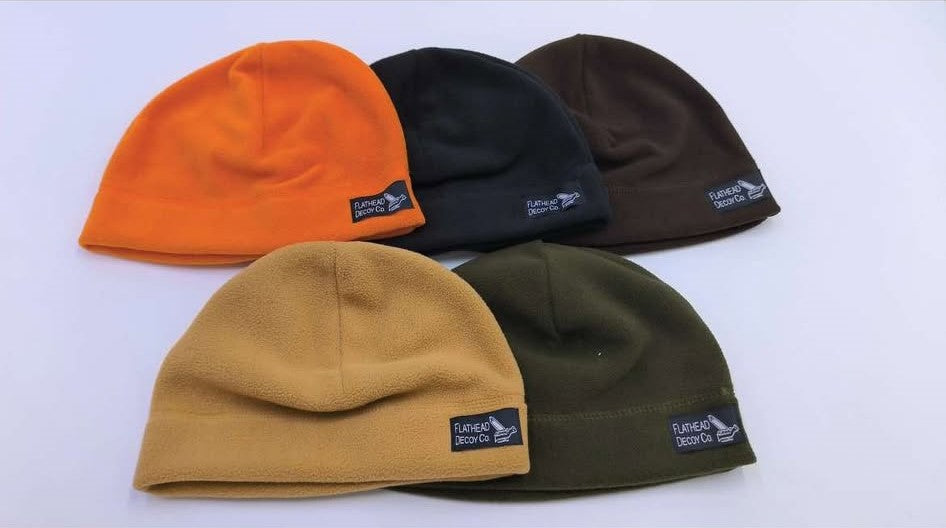 Beanies with woven Flathead Decoys Logo patch