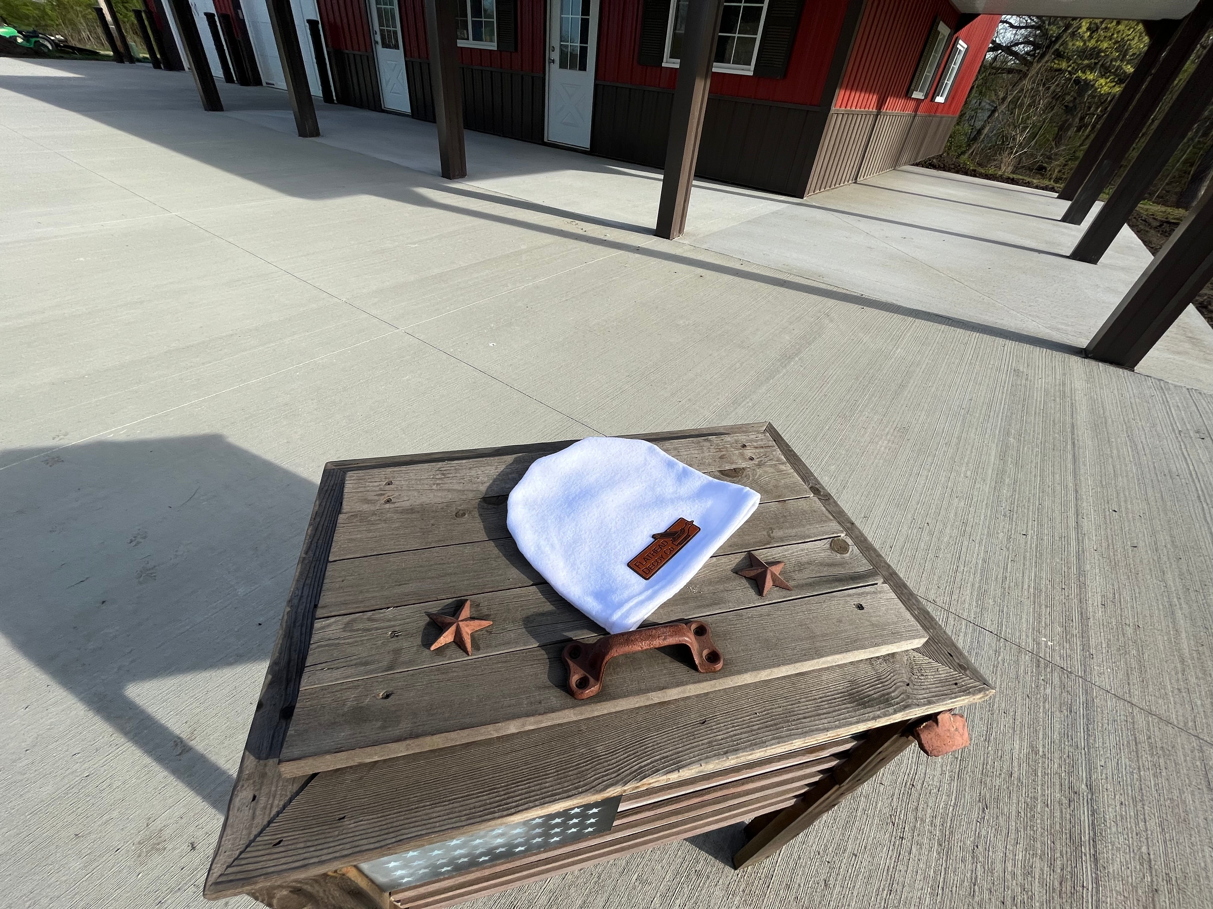 White Fleece Beanie w/Premium Leather Patch