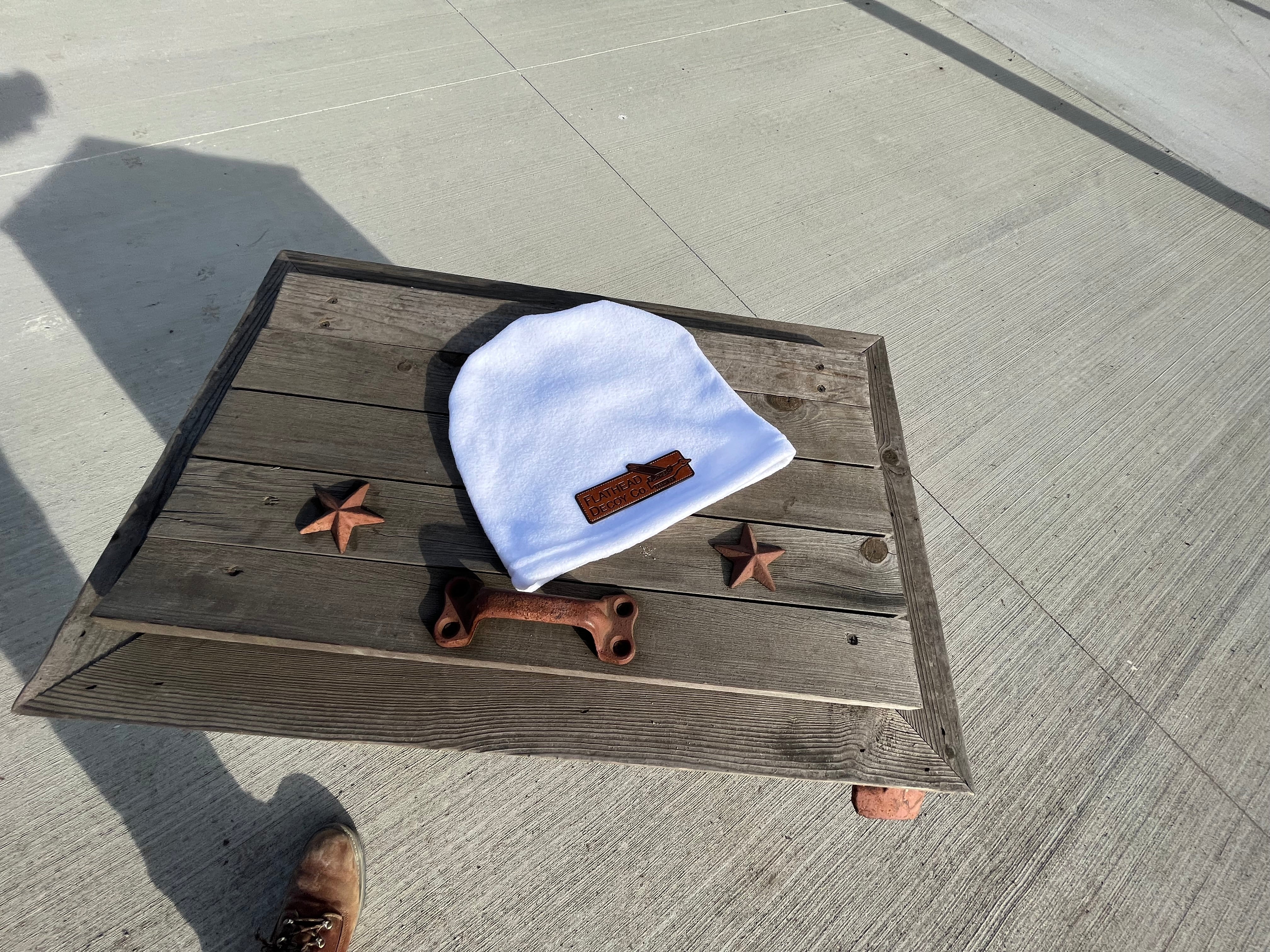 White Fleece Beanie w/Premium Leather Patch