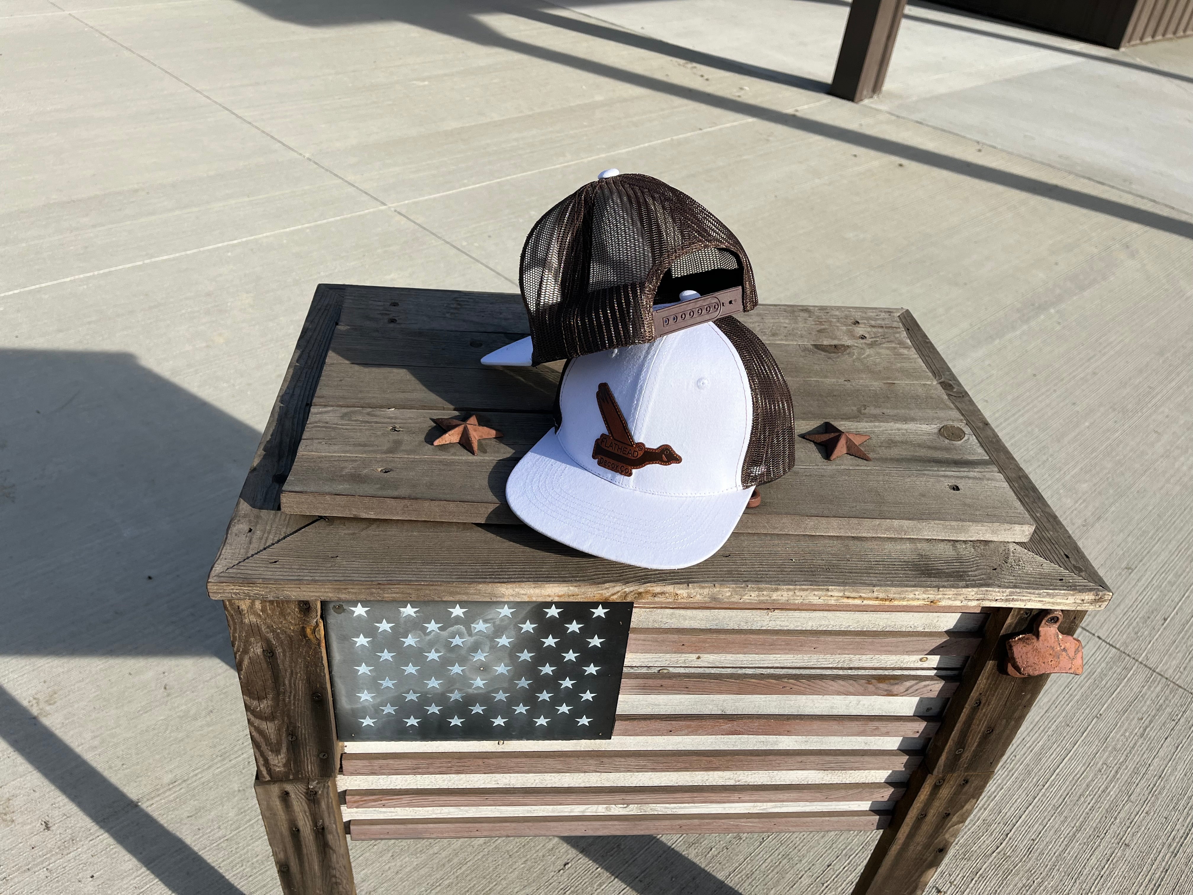 White and Dark Gold “Flat Bill” SnapBack w/Premium Leather