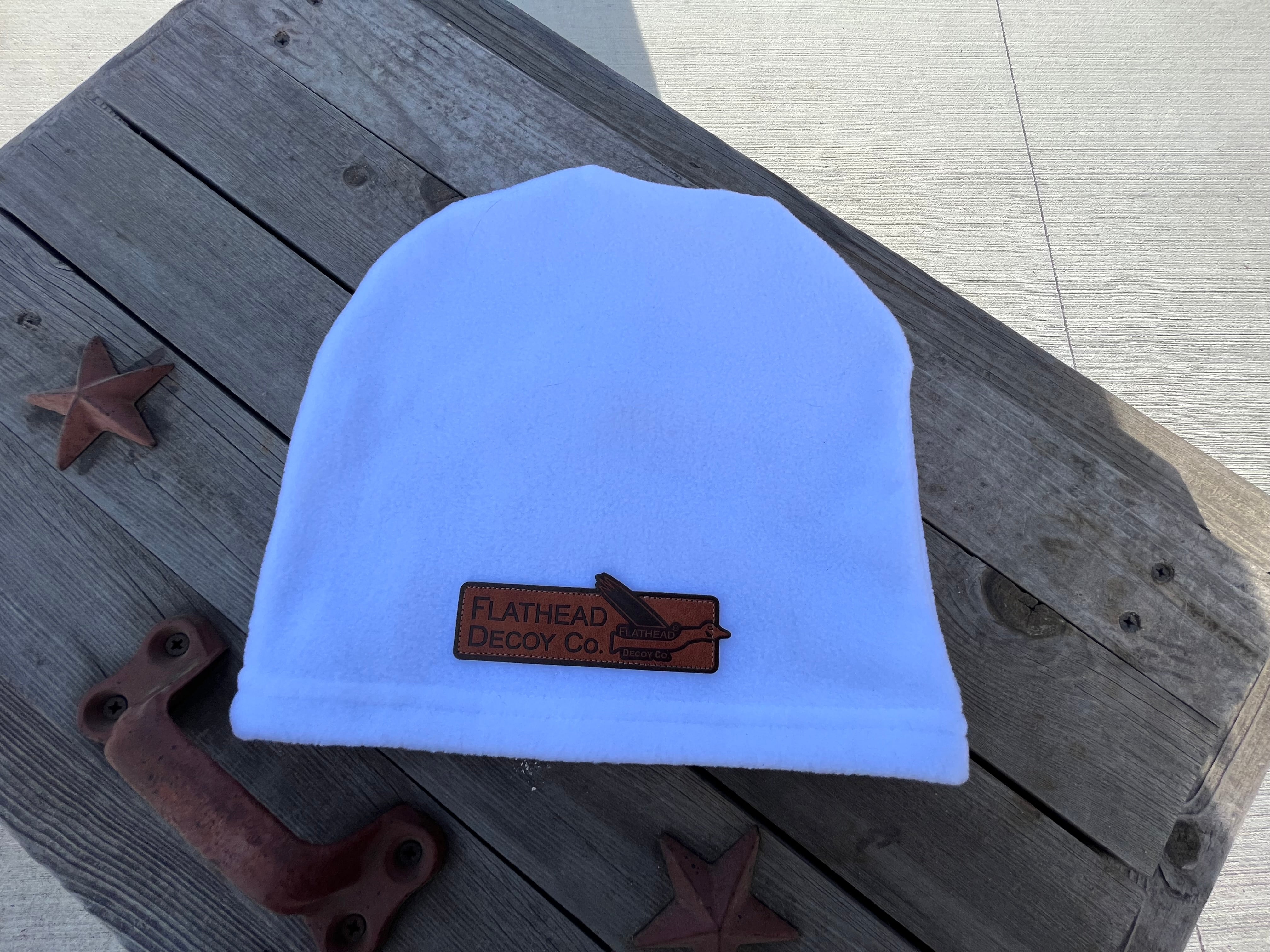 White Fleece Beanie w/Premium Leather Patch