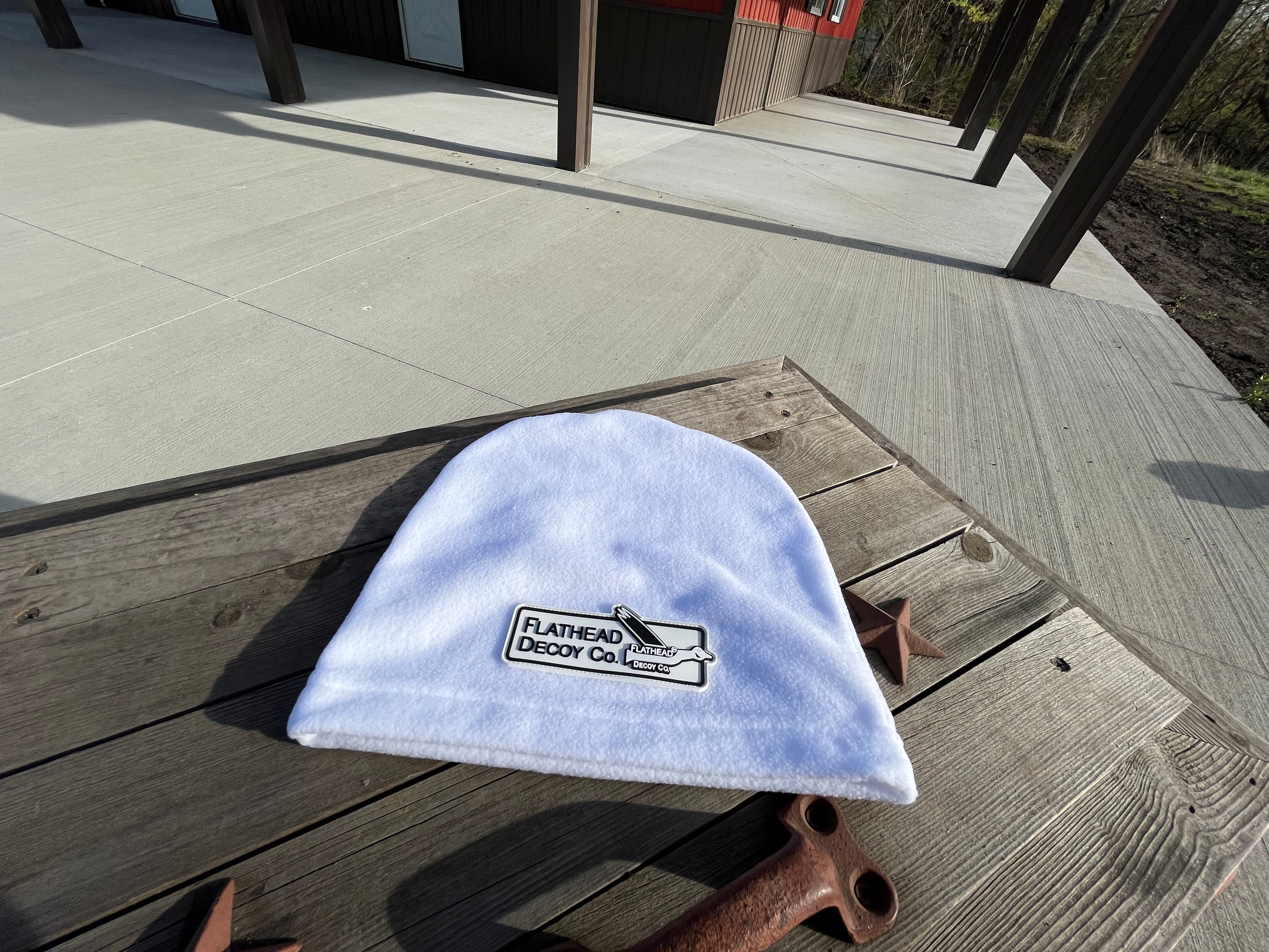 White Fleece Beanie w/Premium Rubber Patch