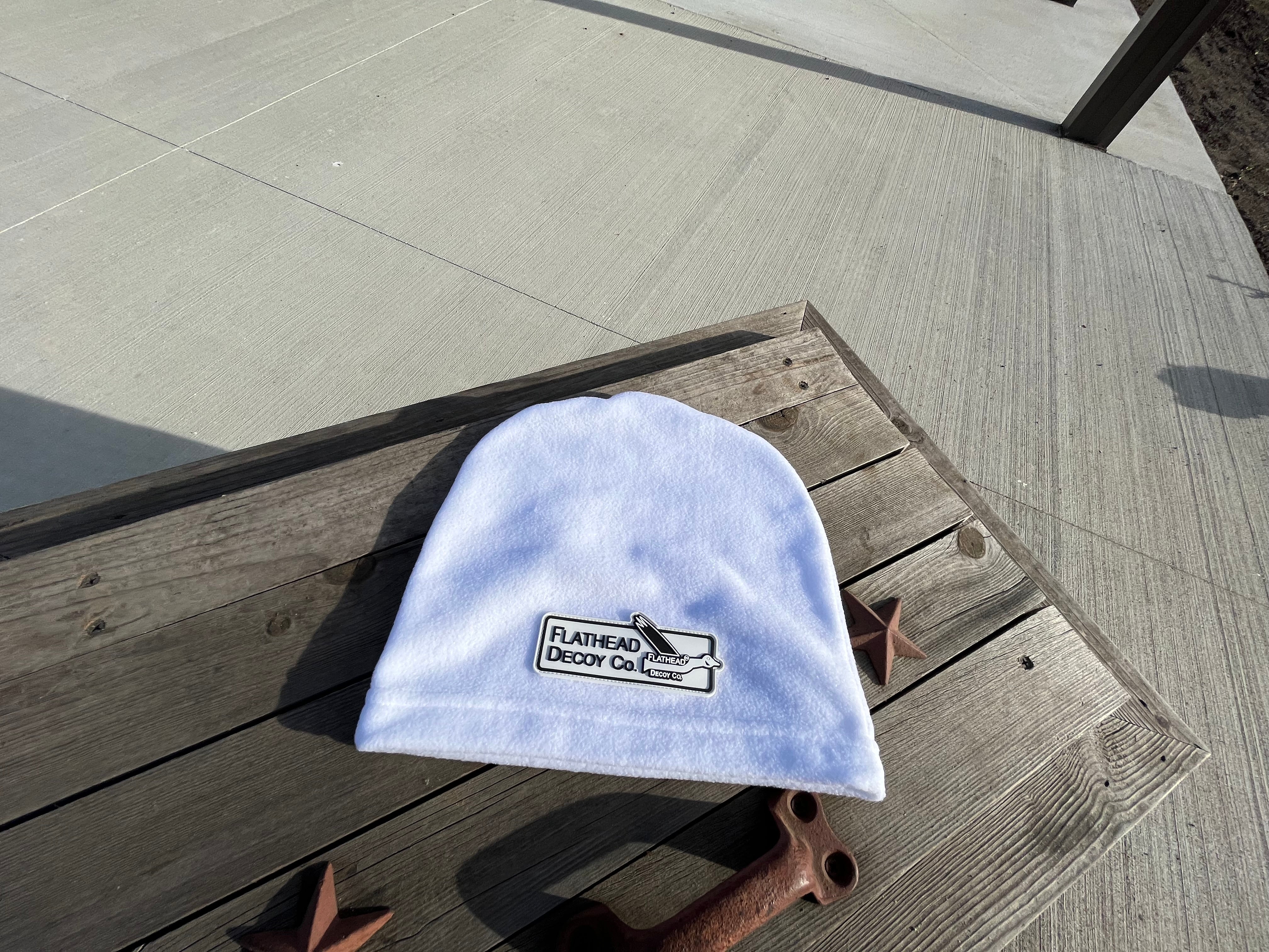 White Fleece Beanie w/Premium Rubber Patch